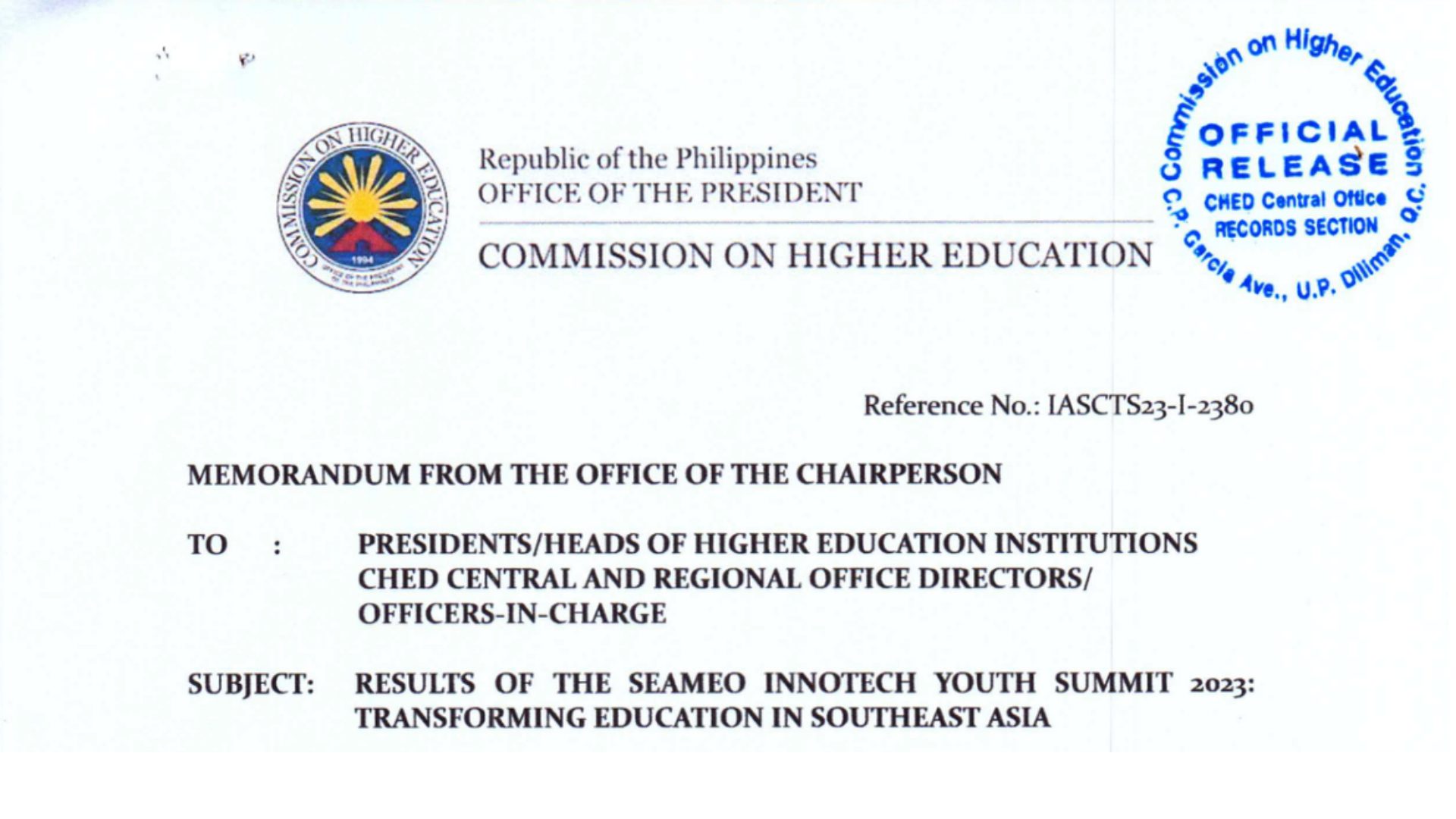 CHED memorandum sharing the results of Youth Summit 2023: Transforming Education in Southeast Asia.