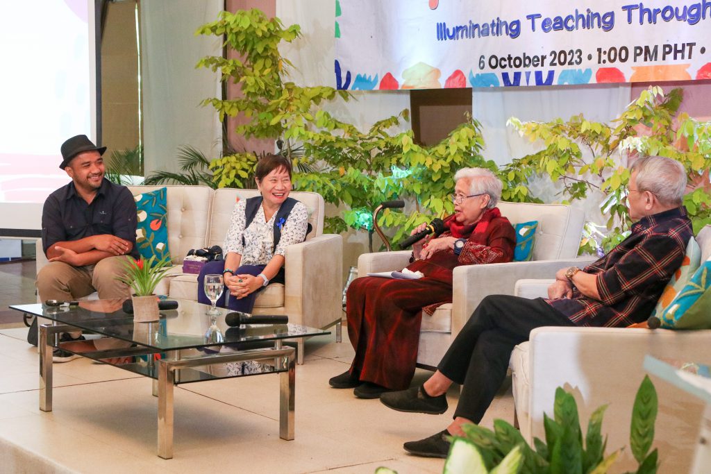 Mr. Rey Bufi, Dr. Milagrosa Lagrosa, SEAMEO INNOTECH Center Director Prof. Leonor Magtolis Briones, and Prof. Ruben David Defeo at the plenary session of the Palette of Possibilities: Illuminating Teaching through Arts and Humanities knowledge forum.