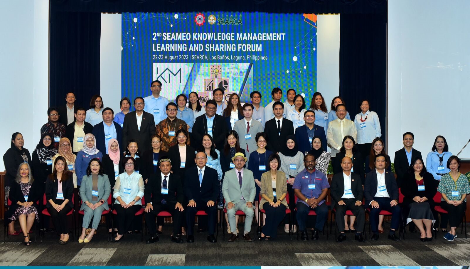 Representatives from SEAMEO centers pose for a picture during day one of the Second Knowledge Management Learning and Sharing Forum.